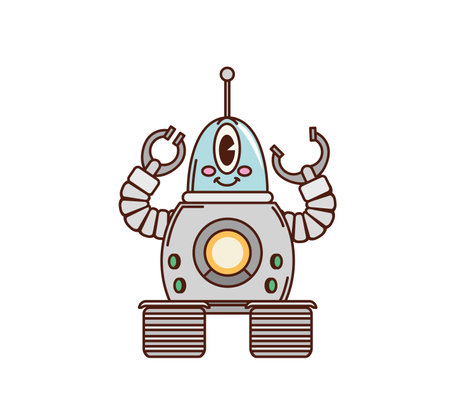 Cartoon robot retro groovy character or alien space robotic bot on wheels, vector android machine. Groovy retro cartoon robot of funky cyborg droid on wheels with funny cute smile and mechanical armsのイラスト素材