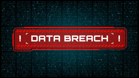 Data breach, cyber attack threat and hackers danger warning alert red banner, vector digital technologies and cyber network security. Data breach warning screen background with binary code numbersのイラスト素材