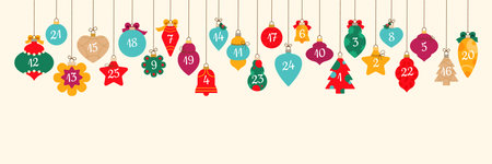 Christmas bauble advent calendar holiday garland. Isolated cartoon vector festive winter countdown decor with colorful xmas toys, hanging on string, represent days lead to seasonal event celebrationのイラスト素材