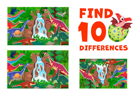 Find ten differences between cartoon prehistoric dinosaurs, kids game worksheet. Vector educational children riddle, leisure activity with different dino species in a Jurassic era waterfall sceneのイラスト素材