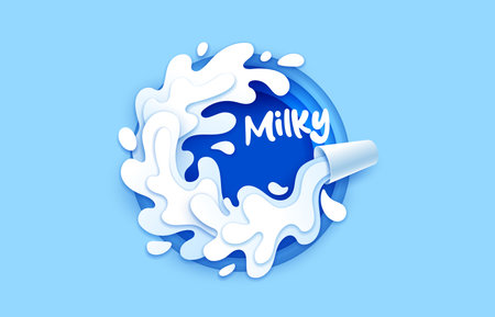 Paper cut milk glass with drink flow wave, splash and drops, vector dairy farm food and beverage. 3d origami art white circle swirl, paper cut milk pouring from glass cup in round layered frameのイラスト素材