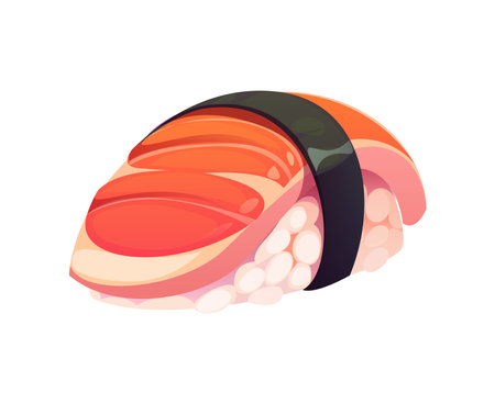 Cartoon japanese nigiri sushi roll featuring fresh salmon fish slice, rice and seaweed wrap. Isolated vector traditional Japan food dish, asian cuisine appetizing meal, gourmet seafood delicacy snackのイラスト素材