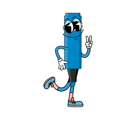 Cartoon groovy school permanent marker character. Isolated vector fun retro writing tool personage striking playful pose with a peace sign, conveying a cheerful and energetic vibe for education or artのイラスト素材