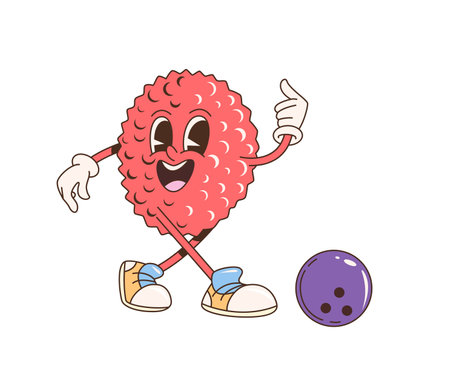Retro cartoon groovy lychee fruit character playing bowling. Isolated vector anthropomorphic tropical fruit personage throwing a ball with happy face expression and wearing trendy sneakersのイラスト素材