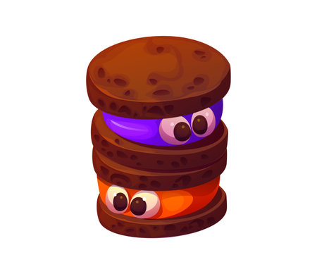 Cartoon chocolate cookies, Halloween holiday sweets and desserts, stacked with colorful purple and orange fillings, and having playful eyes. Isolated vector fun and whimsical festive confectioneryのイラスト素材