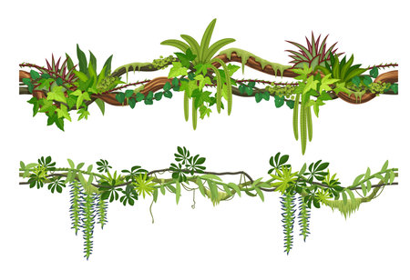 Tropical jungle forest liana branch with climbing roots and leaves. Cartoon vector green foliage spinney with hanging vines. Amazon or african rainforest nature. Tree branches, thicket plants for gameのイラスト素材