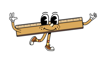 Cartoon groovy school ruler character. Isolated vector cheerful and funny retro stationery, measuring ruler tool with a smiling face. Joyful school personage, ready to measure and educate studentsのイラスト素材