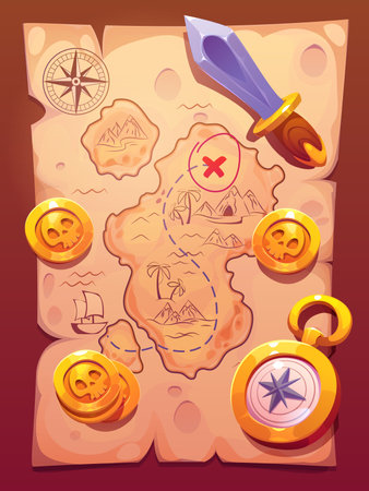 Cartoon pirate treasure map with secret island, marked with an x symbol, surrounded by gold coins, a compass, and a sword. Vector map features drawings of wind rose, mountains, palm trees, and a shipのイラスト素材