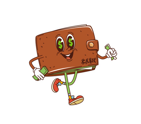 Retro groovy wallet purse finance character walks with dollars. Isolated cartoon vector hippie style anthropomorphic cash personage with wide usd symbol eyes, cheerful friendly smile and button claspのイラスト素材