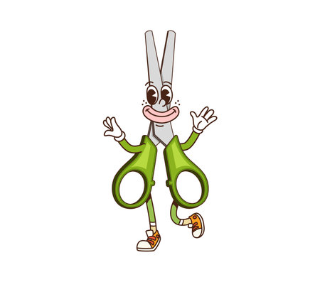 Cartoon groovy school scissors character. Isolated vector office stationery, educational personage gesturing and rejoice, exudes retro and fun vibes with vibrant green color and cheerful expressionのイラスト素材
