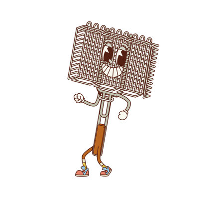 Grill rack retro groovy barbeque character. Isolated cartoon vector bbq grill basket tool personage with wooden handle, featuring expressive eyes, gloves and sneakers, ready for barbecue cooking partyのイラスト素材