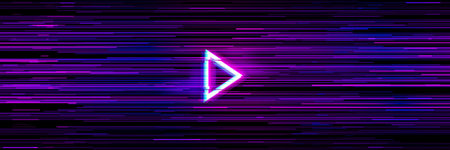 Video game glitch background with play arrow button and purple neon glowing disrupted horizontal...