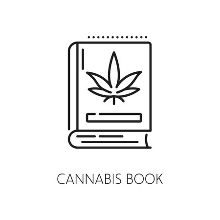 Cannabis book line icon. CBD and marijuana, weed extract symbol. Medical cannabis shop thin line sign, natural marijuana farm or medicine CBD drug linear vector icon or pictogram with bookのイラスト素材