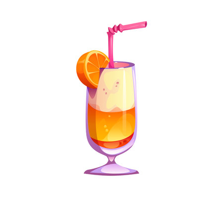 Cartoon milk shake, fast food, sweet drink. Isolated vector milkshake cocktail in glass cup with whipped cream, juice, dairy layers, orange slice and straw. Refreshing fruit dessert in transparent mugのイラスト素材