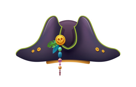 Cartoon pirate hat, corsair captain tricorn adorned with golden Jolly Roger skull emblem and colorful beads.のイラスト素材