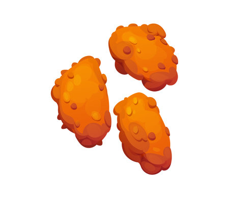 Cartoon chicken nuggets fast food snack with crispy golden-brown coating. Isolated vector perfectly fried poultry pieces, crunchy on the outside and tender inside. Street restaurant snacking or mealのイラスト素材
