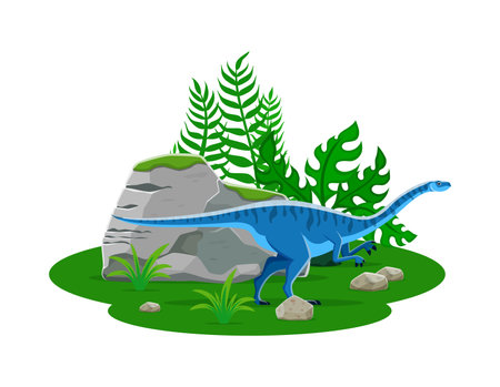 Lufengosaurus prehistoric dinosaur character. Isolated cartoon vector Genus of early sauropodomorph dino from the early jurassic era. Herbivore reptile with long neck, stand near large ferns and rocksのイラスト素材