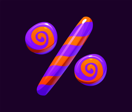 Halloween font, candy-like percentage punctuation symbol, cartoon evil type, funny scary typeface, spooky alphabet glyph. Isolated vector abc typography percent sign with pink and purple stripesのイラスト素材