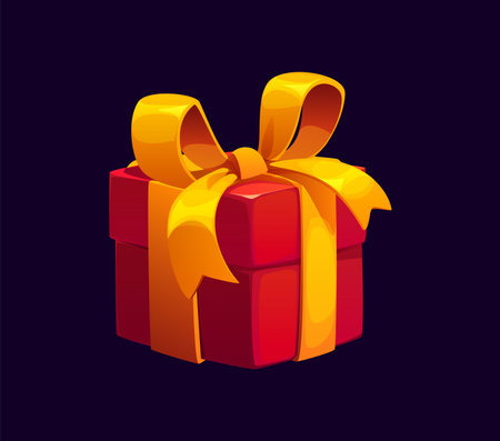 Cartoon Christmas holiday gift box wrapped in red paper with large yellow bow, evokes feelings of joy, celebration and xmas spirit. Isolated vector present or festive surprise for seasonal greetingsのイラスト素材