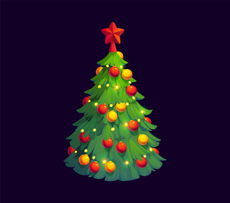 Cartoon Christmas holiday decorated pine tree. Isolated vector bright spruce with ornaments, lights and red star on top. Festive fir-tree plant evokes feelings of joy, celebration and holiday spiritのイラスト素材