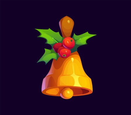 Cartoon Christmas jingle bell decorated with holly leaves and red berries. Isolated vector traditional, shiny golden bell, knolling, exuding cheerful holiday spirit. Xmas festive seasonal decorationのイラスト素材