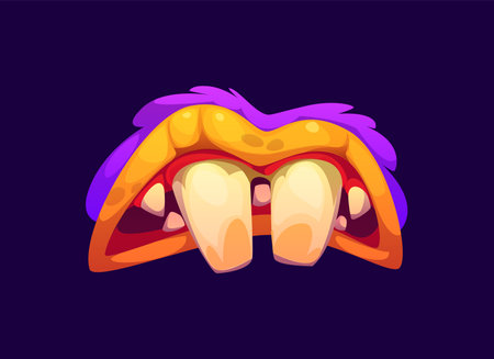 Halloween monster mouth with drool jaws, tongues and teeth. Cartoon vector scary devil smile with exaggerated, large, front teeth, purple upper lip with a fur-like texture, and a red and orange jawのイラスト素材