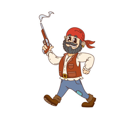 Retro cartoon groovy pirate and corsair character holding steaming gun. Isolated vector sailor, skipper or sea boatswain filibuster personage with bandana and happy grin ready for fight and adventuresのイラスト素材