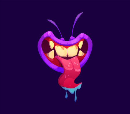 Halloween monster mouth with drool jaws and saliva tongue. Cartoon vector creepy open mouth with purple lips, yellow teeth and red gums, creating spooky and eerie effect for party holiday celebrationのイラスト素材