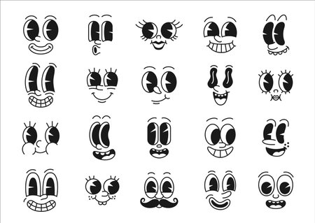Cartoon comic groovy face, funny eye emotion and retro cute emoji characters vector set. Lively expressions of joy, smile, surprise, mischief or whistle, laugh, astonished or grinning funky personagesのイラスト素材