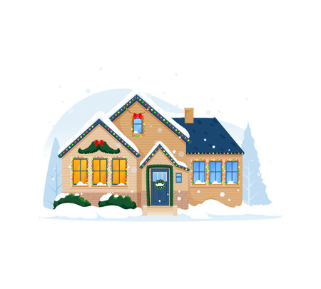 Cartoon Christmas winter home building facade with snowy roof. Winter holiday town cottage snowy isolated vector facade, Xmas festive house exterior or Christmas village home outdoor sceneのイラスト素材