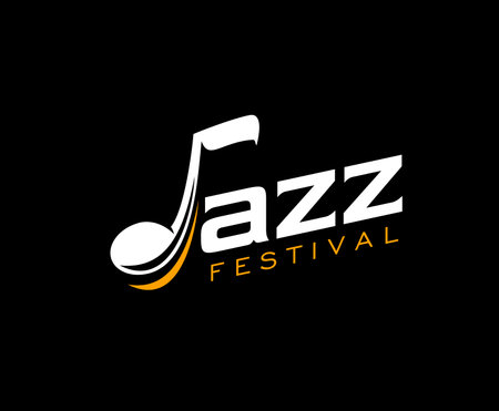 Jazz music icon, vector label for instrumental concert performance. Stylish emblem for jazz night festival, featuring letter J as a musical note in orange and white typography on black backgroundのイラスト素材