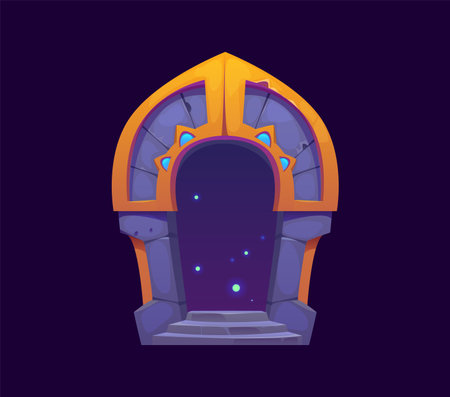 Fantasy magic portal gate door, witchcraft game asset. Cartoon vector otherworldly entrance for magical transitions, enchanting arched stone frame, glowing with a mystical purple aura and blue sparksのイラスト素材