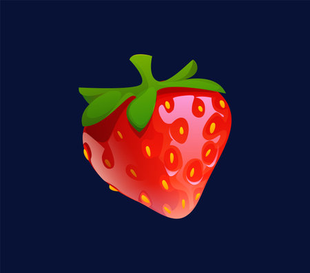 Cartoon strawberry berry fruit. Isolated vector ripe, red, juicy and plump berry with sweet, fragrant aroma, seeds dotting its glossy surface and green leafy crown. Delicious, tempting summer fruitのイラスト素材