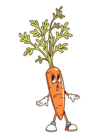 Cartoon groovy carrot vegetable character. Charming healthy farm food with expressive eyes, gloves, shoes, and vibrant green leaves. Isolated vector ripe and raw veg personage with surprised faceのイラスト素材