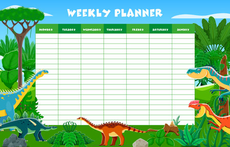Weekly planner schedule with prehistoric dinosaurs and Jurassic dino lizards, vector template. Week daily planner and to-do list organizer for day task plans with cartoon prehistoric dinosaursのイラスト素材
