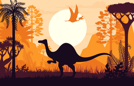 Dinosaur silhouettes in tropical forest. Vector prehistoric scene with deinocheirus dino shadow roaming against a vivid orange sky with sun and lush, fern-filled Jurassic era landscape backgroundのイラスト素材