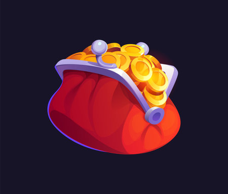 Cartoon wallet with golden coins. Isolated vector red women purse with shiny silver clasp in retro style, overflowing with gold coins are stacked on top of each other, suggesting wealth and prosperityのイラスト素材