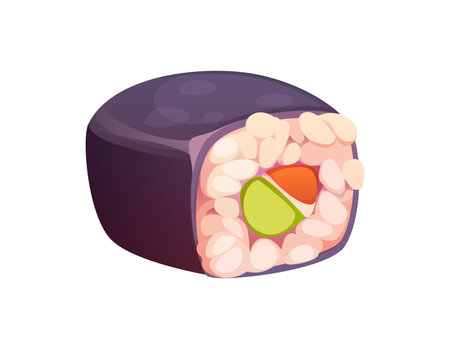 cartoon sushi roll, Asian fast food meal, featuring rice, vegetables, and a seaweed wrap. Isolated vector Japanese restaurant cuisine snack with fresh, appetizing ingredients, japan culinary dishのイラスト素材