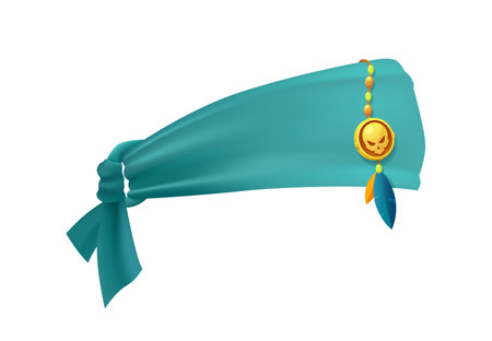 Cartoon pirate bandana hat, sea corsair or sailor textile headwear with blue color, beads, node and skull pendant. Isolated vector head scarf. Vintage rover handkerchief, filibuster naval costumeのイラスト素材