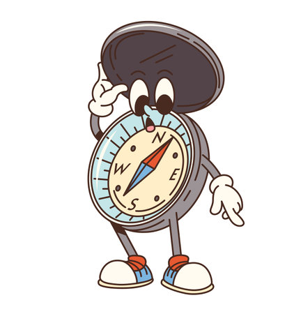 Cartoon groovy travel compass character. Retro camp and tourism personage. Isolated vector anthropomorphic navigational tourist tool with open lid and surprised expression, wearing sporty sneakersのイラスト素材