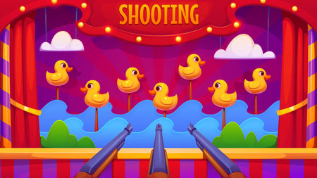 Carnival shoot game with ducks, amusement park booth. Cartoon vector duck hunt funfair or circus shooting fairground entertainment. Small stall with drake bird targets, pond with waves and rifle gunsのイラスト素材