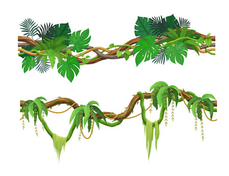 Tropical jungle forest liana branch. Cartoon vector rainforest vines and thickets. Amazon or african flora hanging creeper plants. Isolated tropic nature foliage, spinney gui elements, game landscapeのイラスト素材