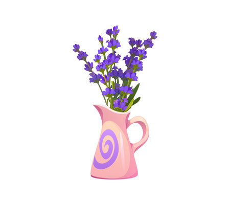 Lavender flowers in a pink decorative vase. Isolated cartoon vector pitcher, adorned with a purple swirl, filled with a vibrant wildflowers bouquet. Home decor, aromatherapy or floral design itemのイラスト素材