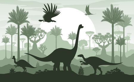 Prehistoric dinosaur silhouettes. Vector shadow scene of jurassic landscape, dino animals and ancient flora with palm trees and ferns under a large sunset sun, monochromatic background in green colorsのイラスト素材