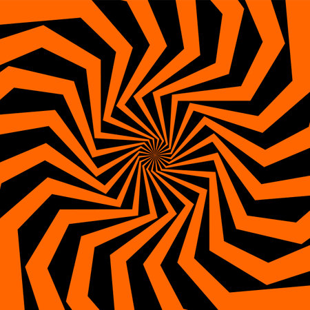 Psychedelic Halloween spiral pattern in vibrant black and orange colors. Bold vector swirl, intense, dynamic spooky and trippy motion optical illusion effect with twisting lines and geometric shapesのイラスト素材