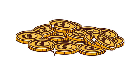 Retro cartoon groovy pirate and corsair golden coins pile. Isolated vector gold ancient doubloons. Shiny yellow ducats with skull engravings. Fantasy treasure, loot, fairy tale or adventure game assetのイラスト素材