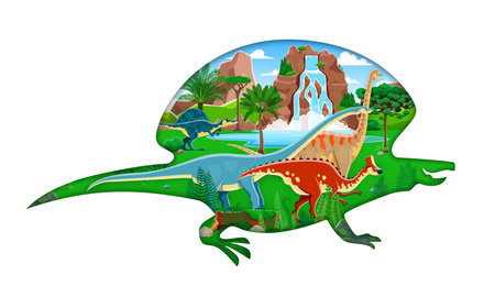 Prehistoric landscape with cartoon paper cut dinosaur silhouette filled with dino spices antarctosaurus, amurisaurus, oxalaia and brachiosaurus amidst lush greenery, waterfalls, and rocky terrainsのイラスト素材