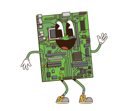 Cartoon groovy computer mother board retro character with funny face, vector funky comic. Groovy freaky laptop or PC motherboard chipset with happy smile on positive vibes for digital emojiのイラスト素材