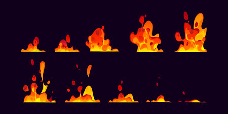 Volcano lava or magma animation game sprite effect sheet. Cartoon vector fluid and fiery animated sequence frame stages depicting a dynamic lava, magma eruption effect from initial bursts to spreadingのイラスト素材