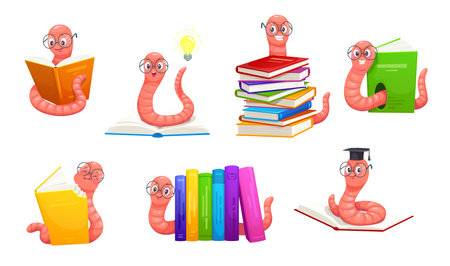 Cartoon cute bookworm characters in eyeglasses. Funny book worm animals vector set. Adorable smart larva personages reading, bite textbook cover, wearing mortarboard hat, having great idea light bulbのイラスト素材